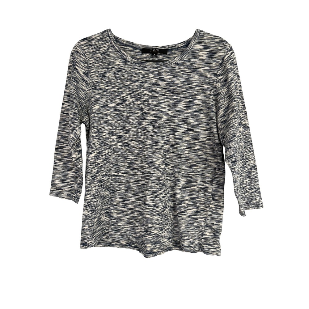 Toni Morgan Womens Blue White Space Dye 3/4 Sleeve Knit Top Size Medium Shirt